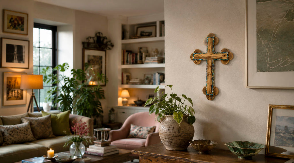 Decorative cross hanging on a wall of cozy living room with plants