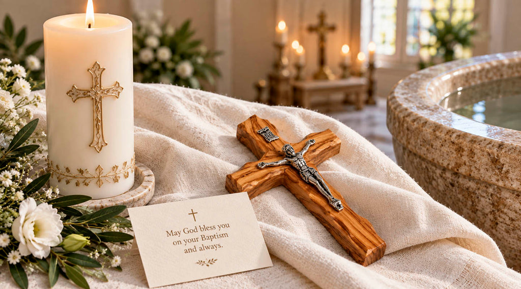 Baptism gift with olive wood crucifix, baptism candle and blessing card beside a church baptismal font.