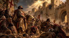 Exhausted First Crusade soldiers arriving beneath the fortified walls of Jerusalem in 1099