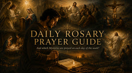 Baroque style oil painting of different Mysteries of rosaries and written on it "Daily Rosary Prayer Guide"