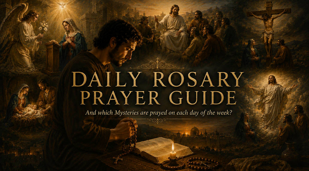 Baroque style oil painting of different Mysteries of rosaries and written on it "Daily Rosary Prayer Guide"