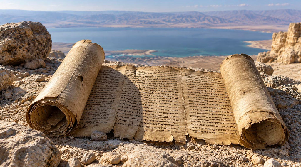 Illustration of ancient scrolls in the Judean Desert overlooking the Dead Sea