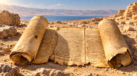 Illustration of ancient scrolls in the Judean Desert overlooking the Dead Sea