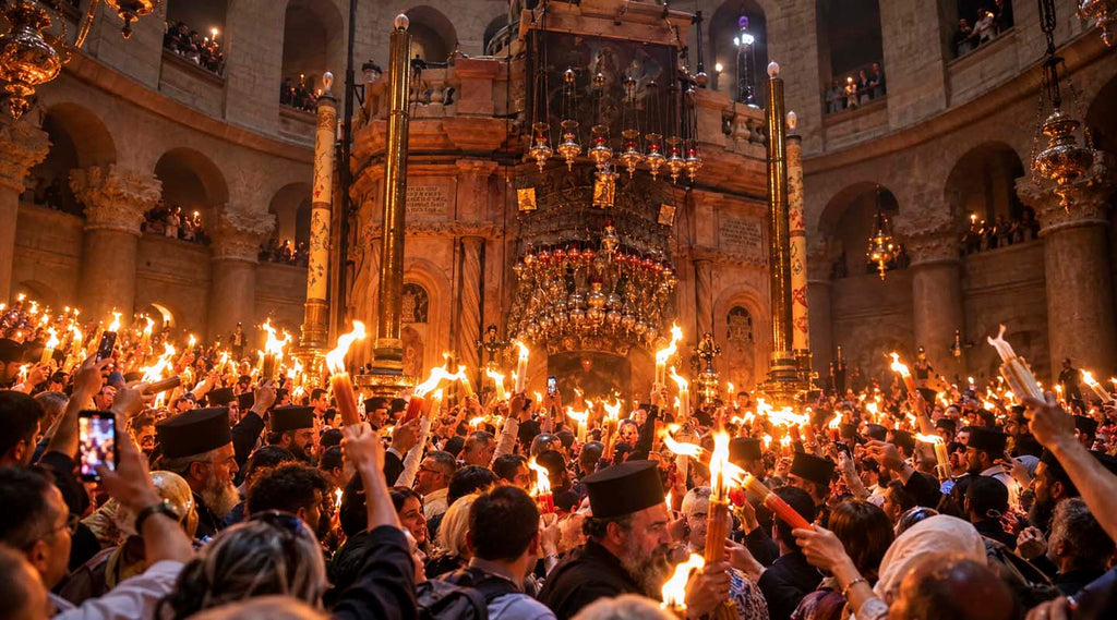 Christians celebrate Easter beside the traditional tomb of Jesus at the Church of the Holy Sepulchre in Jerusalem.