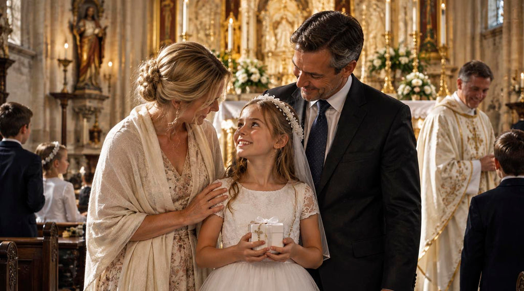 Parents celebrate their daughter's First Holy Communion inside a Catholic church as she holds a small Christian gift.