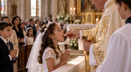 Catholic First Holy Communion as a young girl receives the Eucharist from a priest during Mass in a church.