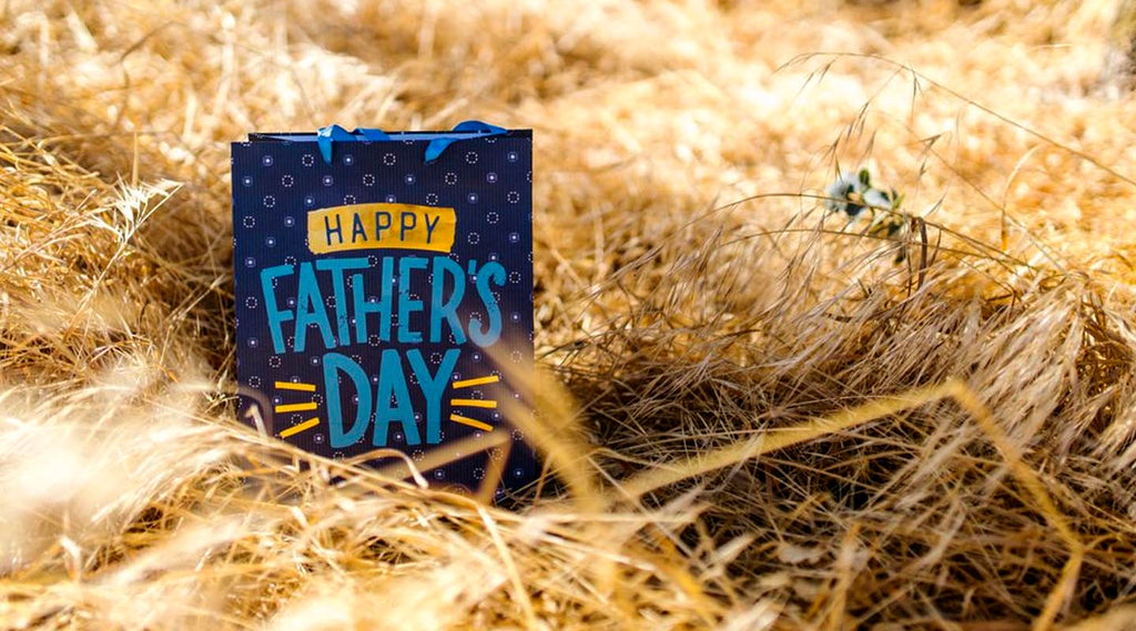 Bag with Happy Fathers Day written on it, sitting in field