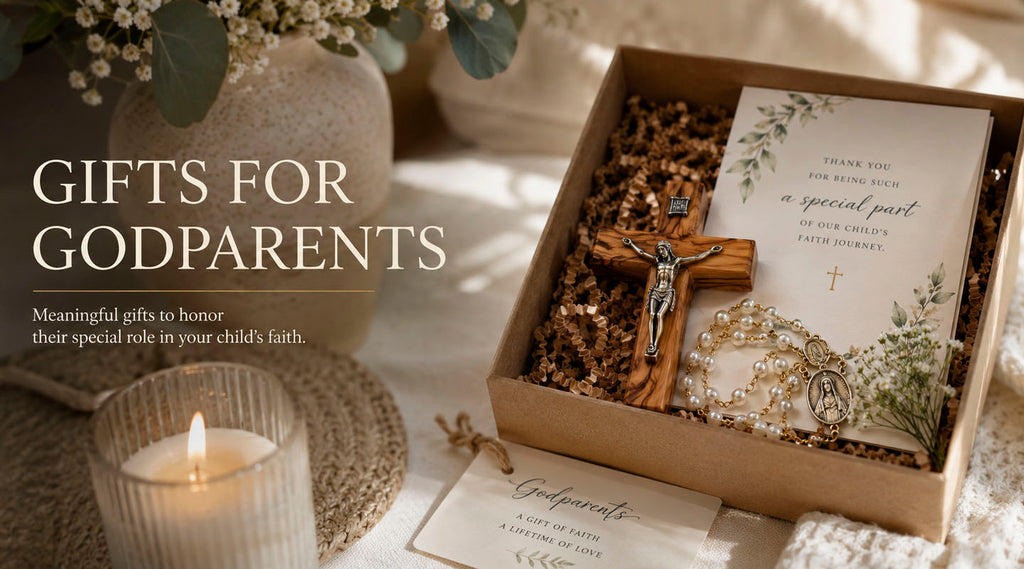 Gifts for Godparents writren next to a box with a cross and rosary and a candle