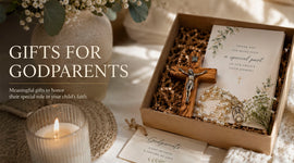 Gifts for Godparents writren next to a box with a cross and rosary and a candle