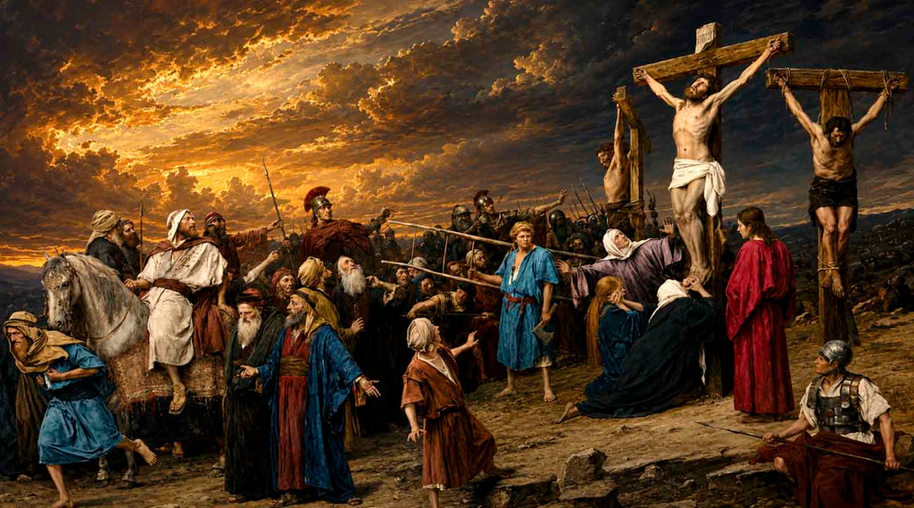 Old oil painting of Jesus Christs crucifix with two thieves on Golgotha, the Rock of Calvary with people around praising Him.