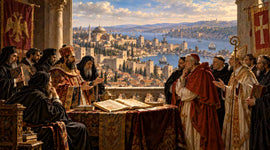 Byzantine and Latin Christian clergy symbolizing the growing division between Eastern and Western Christianity