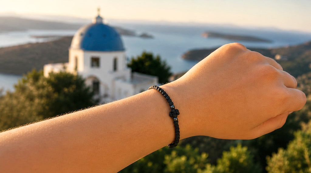 Hand showing Komboskini with a Greek Church in the background