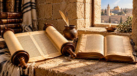 Torah scroll and open Bible beside a Jerusalem window overlooking the Temple Mount, symbolizing Scripture and biblical heritage.