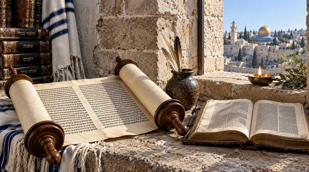 Torah scroll and open Bible beside a Jerusalem window overlooking the Temple Mount