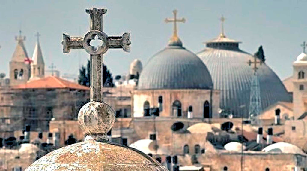 Rooftop of the Church of the Holy Sepulchre seen from far on a sunny day