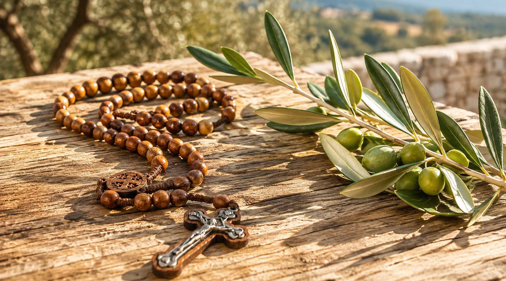Olive wood rosary with crucifix resting on a rustic wooden table beside olive branches, with a sunlit landscape softly blurred