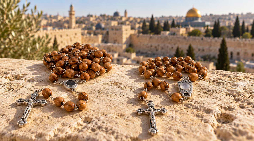Olive wood rosaries displayed on Jerusalem stone, with the Old City and Dome of the Rock softly blurred behind.