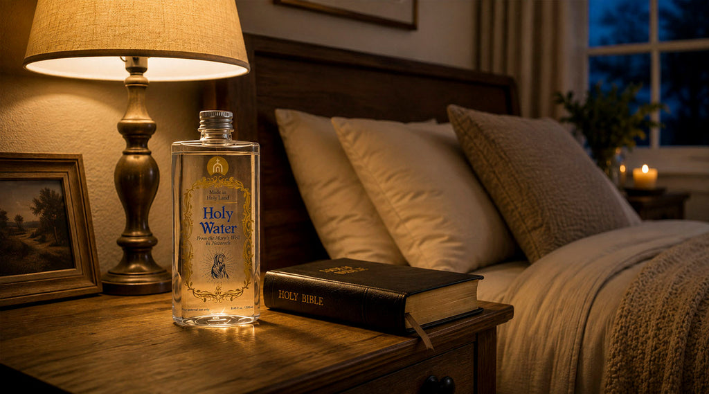 Mary’s Well Holy Water from Nazareth beside a Holy Bible on a bedside table in a peaceful Christian bedroom.