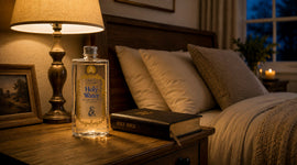 Mary’s Well Holy Water from Nazareth beside a Holy Bible on a bedside table in a peaceful Christian bedroom.