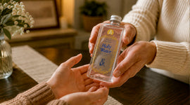 Hands giving a bottle of holy water from Mary's Well in Nazareth as a meaningful Christian gift in a warm home setting.