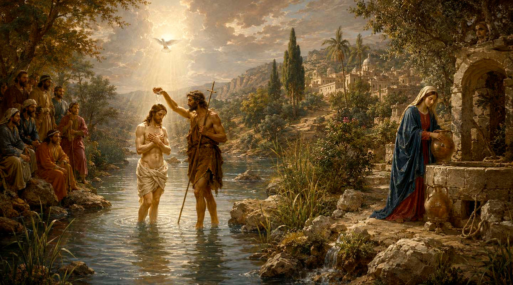 Jesus' baptism in the Jordan River and the Virgin Mary at Mary's Well in Nazareth, symbolizing Holy Land holy water.