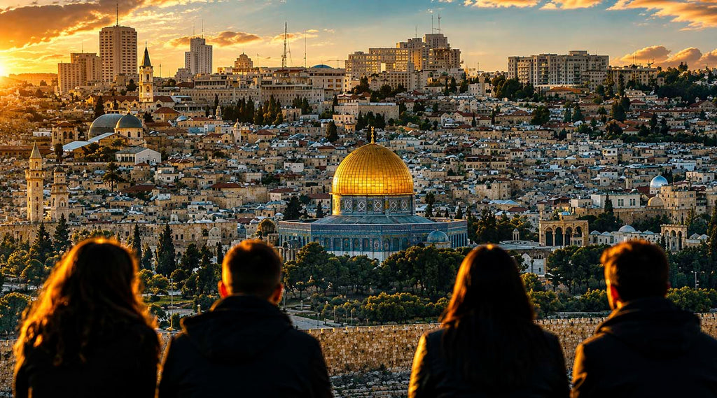 Four visitors overlook Jerusalem's Old City and the Dome of the Rock at sunset from the Mount of Olives viewpoint.
