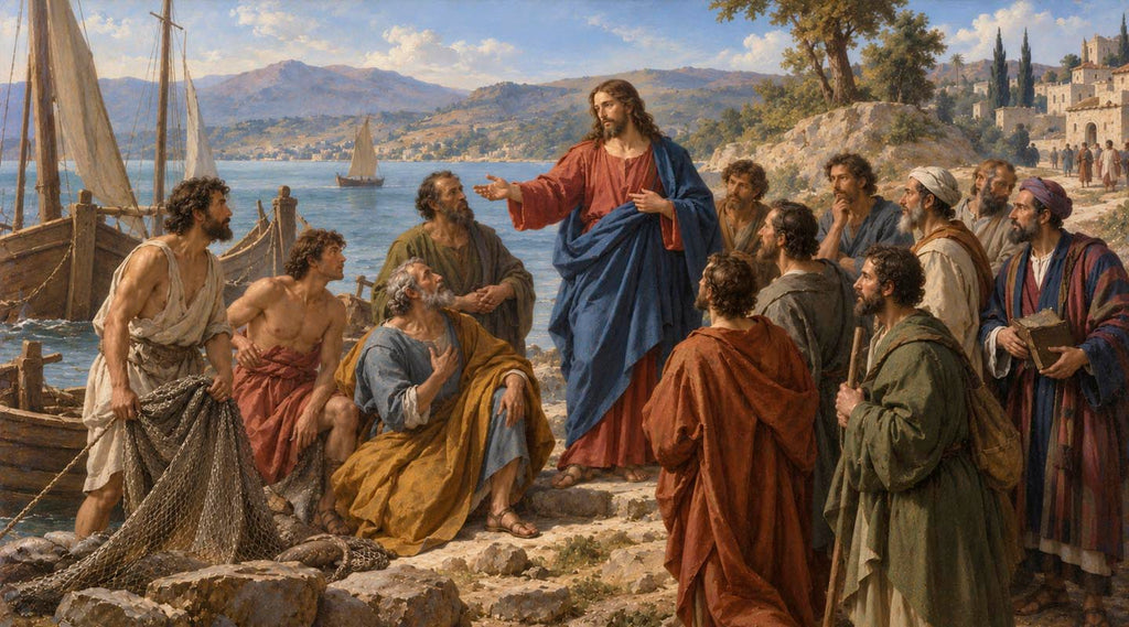 Jesus teaching and calling His first disciples beside the Sea of Galilee, with fishermen, boats and nets along the shore.