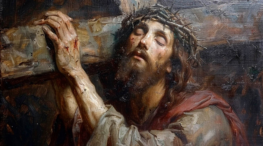 Old painting of Jesus carrying the cros