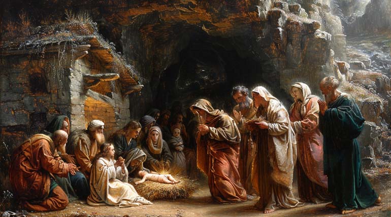 Barrocan style painting of a birth of Jesus Christ in Bethlehem