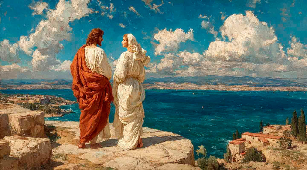 Oil painting of Jesus and Mary Magdalene standing on Mount Arbel with blue lake, sky with white clouds in the back