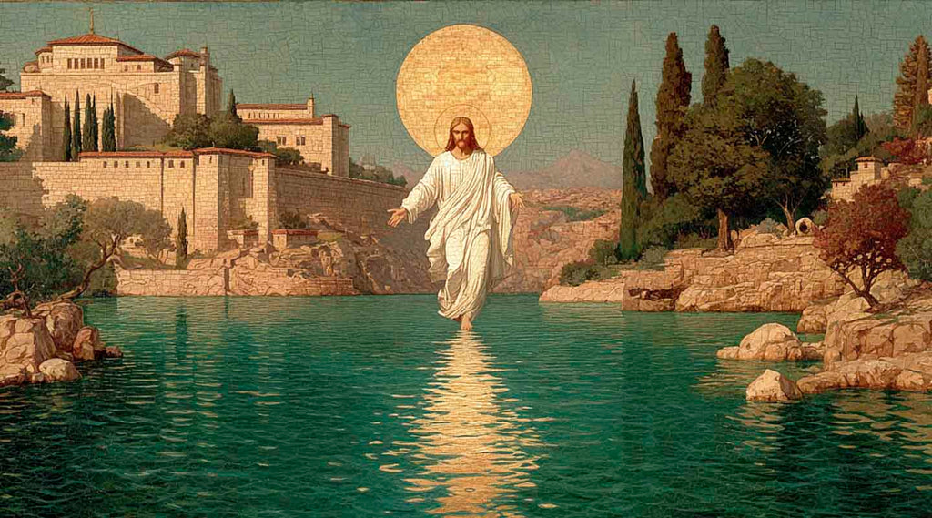 Antique icon of Jesus Christ walking on the water at Sea of Galilee