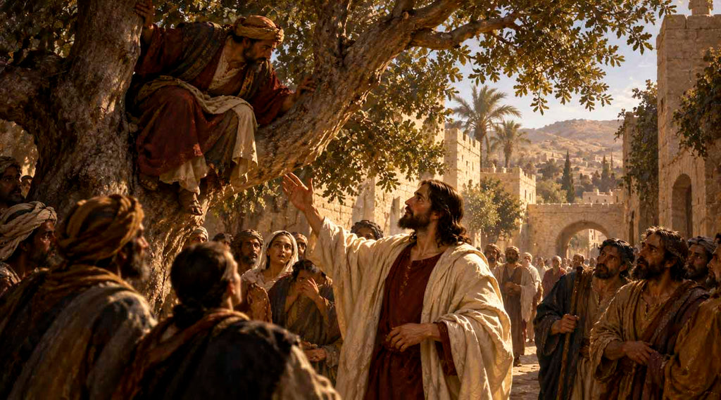 Illustration of Jesus looking up at Zacchaeus in a sycamore tree as townspeople gather in ancient Jericho.