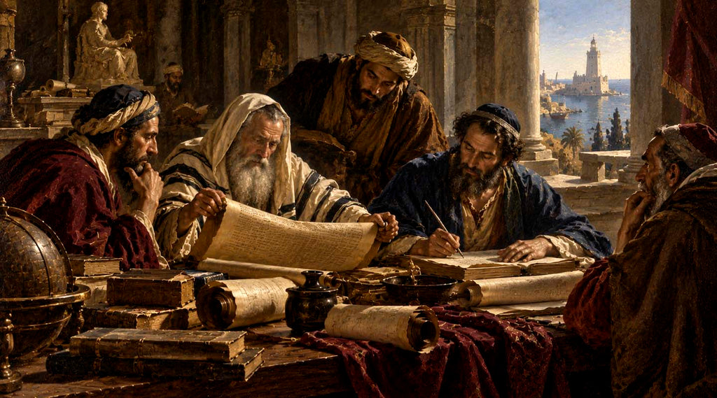 Jewish scholars translating Scripture into Greek in ancient Alexandria