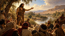 Baroque painting of John the Baptist preaching repentance to crowds beside the Jordan River in the Judean wilderness.