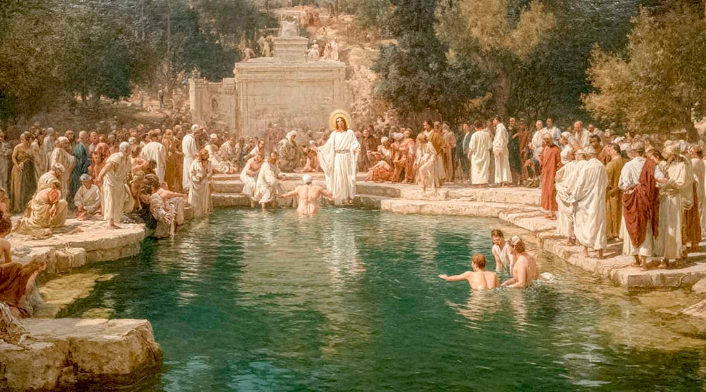 Painting of a Baptism gathering around a pool with Jesus Christ and followers