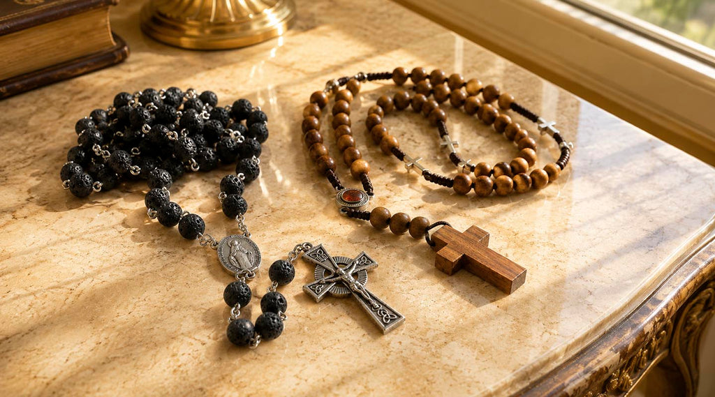 Black lava stone and olive wood rosaries with crucifixes displayed on a sunlit marble table beside a window.