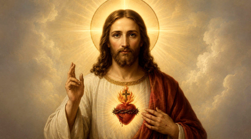Sacred Heart of Jesus with radiant halo, blessing gesture, and glowing heart crowned with thorns against a cloudy sky.