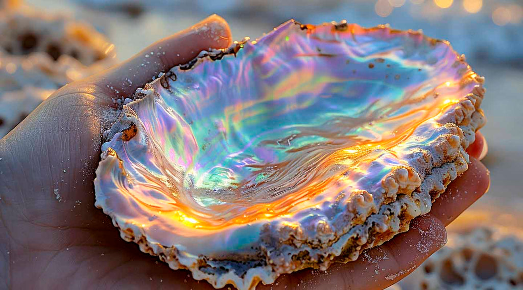 Mother of Pearl shell hand in hand on sunset background