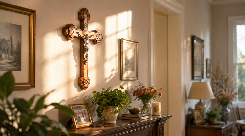 Holy Land olive wood wall crucifix displayed above a console table with family photos, plants, flowers and a candle.