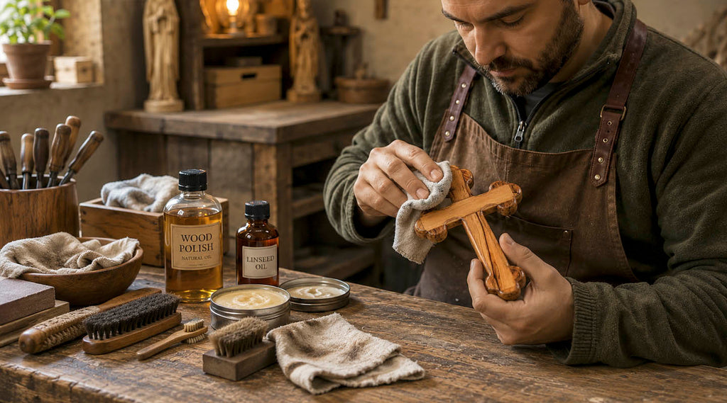 Man polishing olive wood cross in an workshop