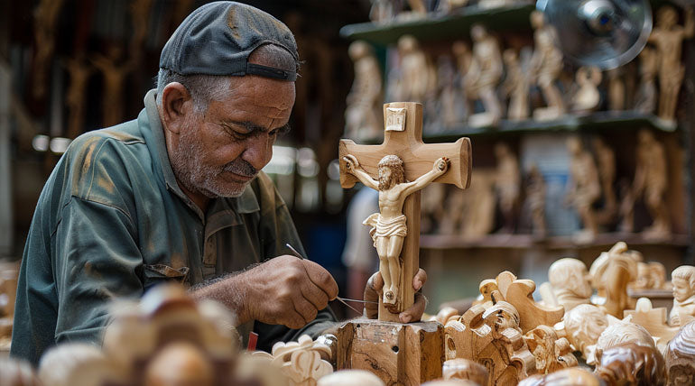Olive wood craftsman making an olive wood cross in his Bethlehem workshop