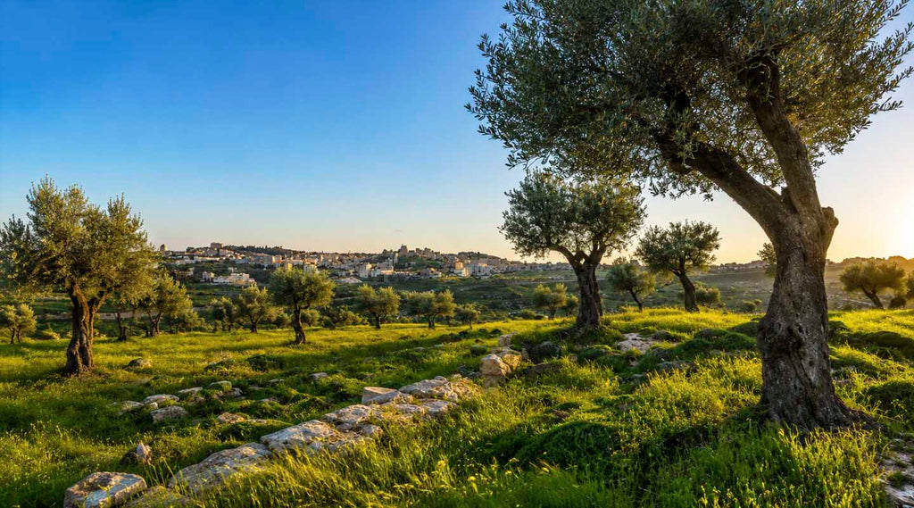 Ancient olive trees growing in a lush green field with wildflowers and stone terraces, overlooking the historic city of Bethlehem beneath a clear blue sky in the Holy Land.