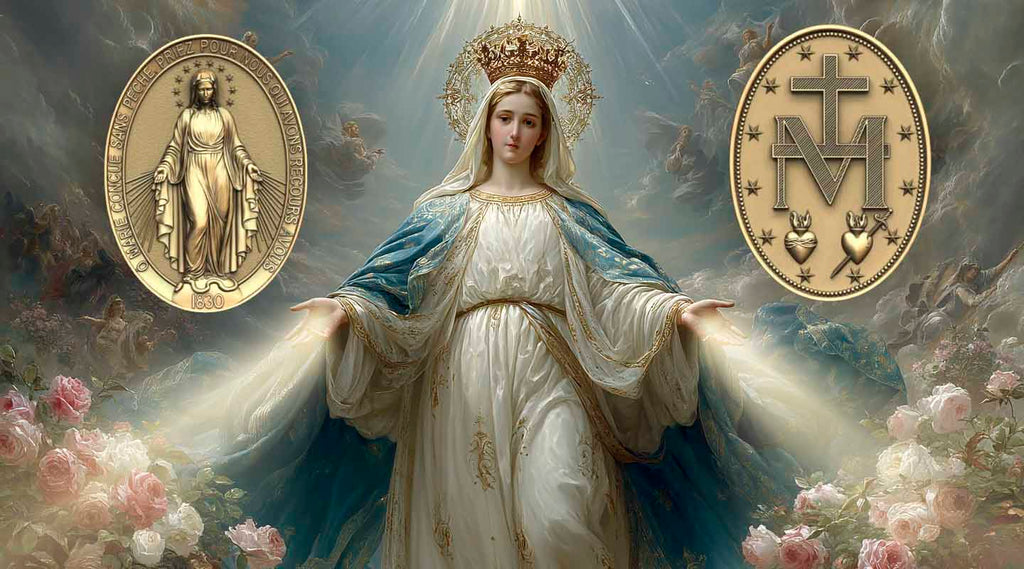 Oil painting of Our Lady Virgin Mary with blue and white robes, golden halo crown on her head, holding her hands open and standing between the clouds. Both sides of the Miraculous Medal next to her