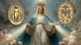 Oil painting of Our Lady Virgin Mary with blue and white robes, golden halo crown on her head, holding her hands open and standing between the clouds. Both sides of the Miraculous Medal next to her