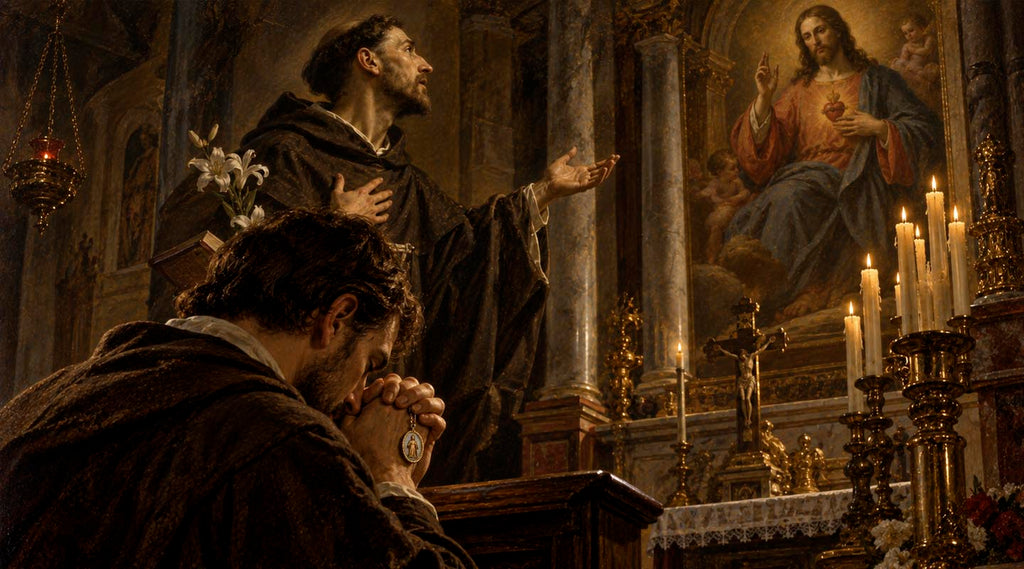 Saint praying before an altar as another friar preaches beneath a large image of Jesus Christ inside a candlelit church.