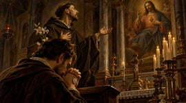 Saint praying before an altar as another friar preaches beneath a large image of Jesus Christ inside a candlelit church.