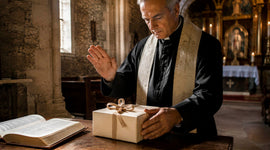 Catholic priest blessing a wrapped Christian gift with an olive wood cross inside a church