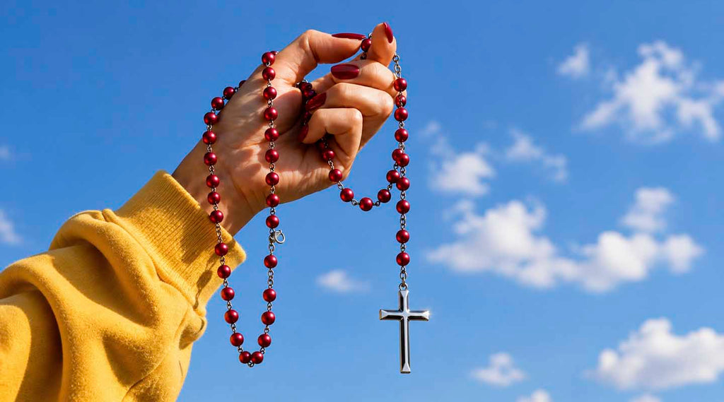 A hand with red nail polish holds a red beaded rosary with a silver cross against a bright blue sky with white clouds.