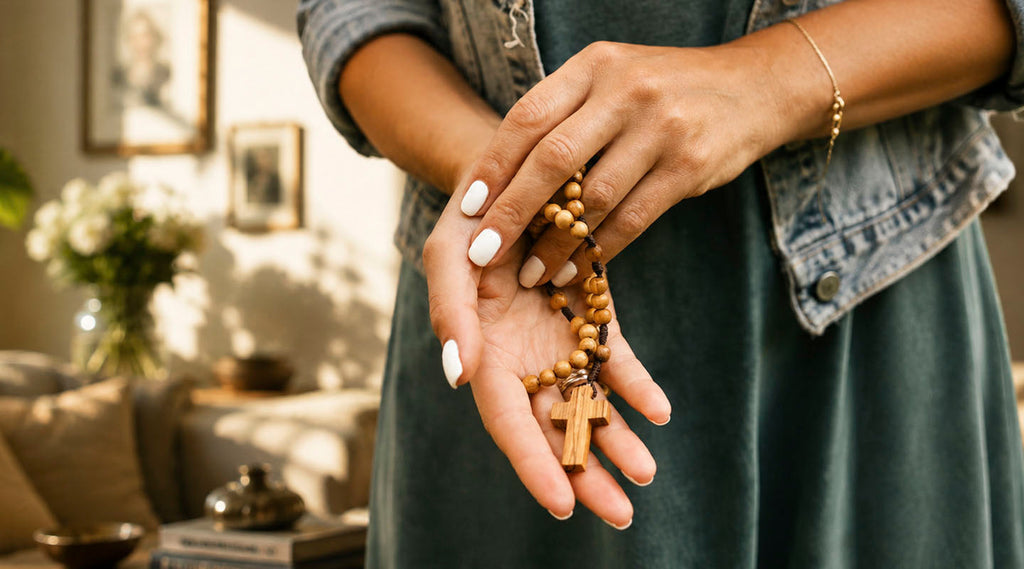 Woman's hands holding an olive wood rosary with wooden cross during prayer in a warm, sunlit Christian home.