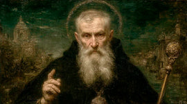 Oil painting of St.Benedict with a stick, halo, black robe with a distant city in the background